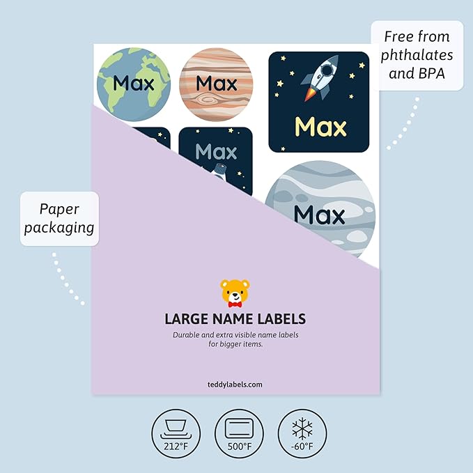Large Name Labels for Kids (33) - Custom Stickers for Daycare and School Supplies - Durable, Waterproof Stickers for Water Bottles, Lunch Boxes, and More with Unique Designs - Universe