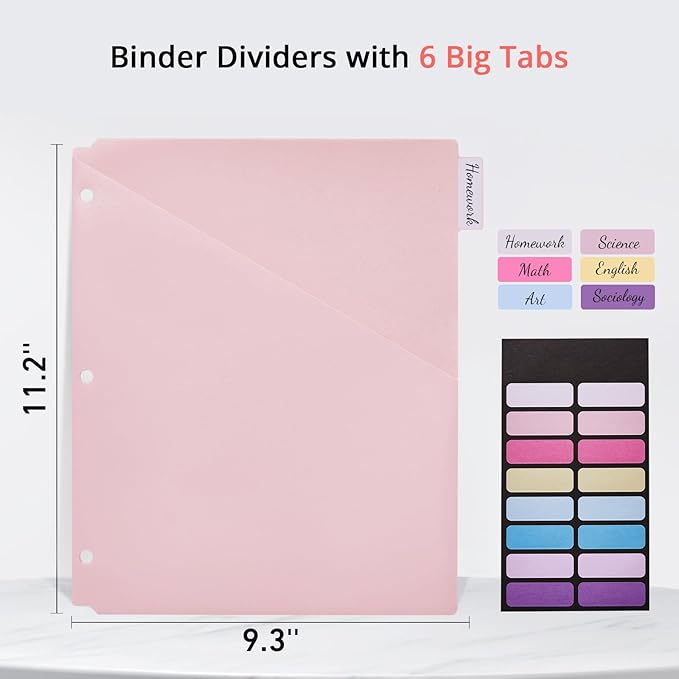 6-Tab Letter Size Dividers for 3 Ring Binder, Wheat Straw Binder Dividers with One Pocket, 6 Pastel Colors, Perfect for School, Office Supplies (1)