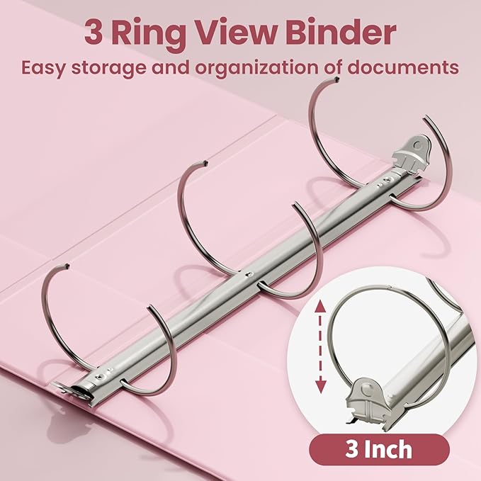 SUNEE 3 Ring Binder 3 Inch 1 Pack, Clear View Binder Three Ring PVC-Free (Fit 8.5x11 Inches) for School or Office Supplies, Pink
