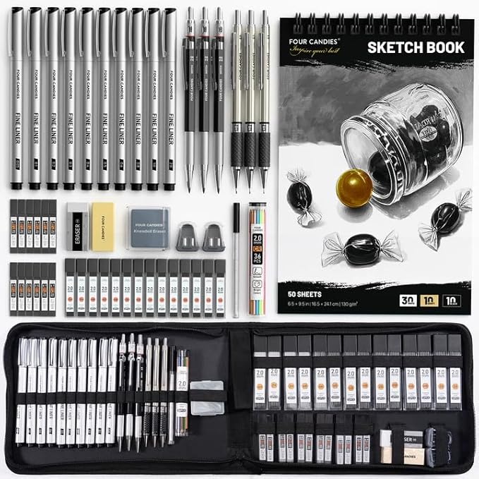 Four Candies 52pcs Art Supplies Sketching & Drawing Kit with 10 Micron Fineliner Pens, 6 Drafting Mechanical Pencils,3-Color Sketchbook,27 Lead Refills,School Supplies Gifts for Beginners Adults Teens
