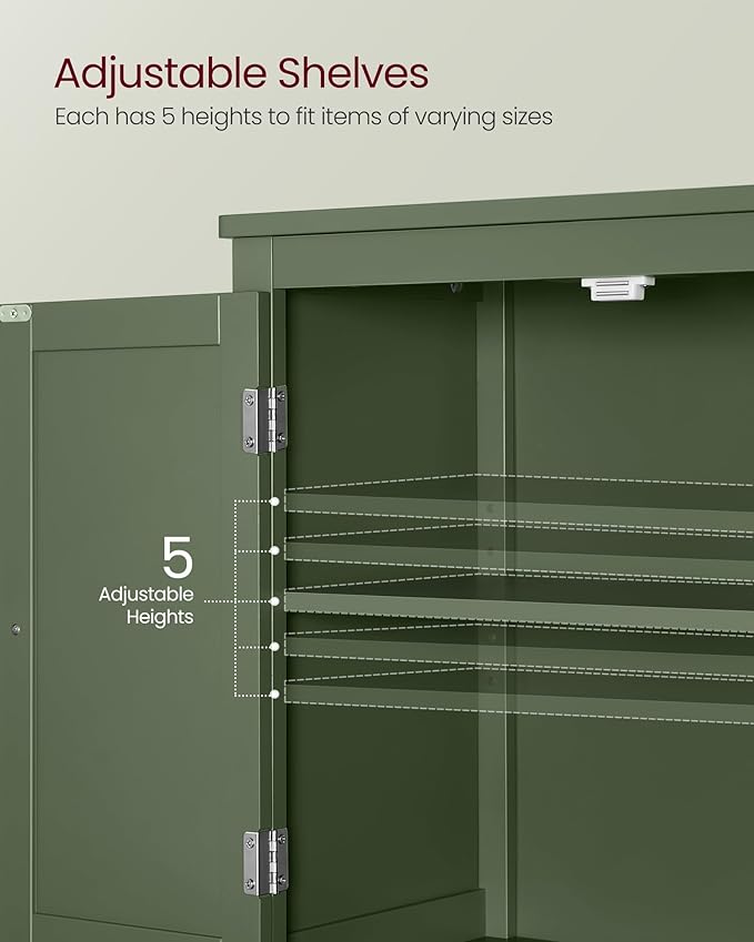 VASAGLE Floor Storage Cabinet, Freestanding Storage Unit with 4 Doors, Adjustable Shelves, 11.8 x 23.6 x 43.3 Inches, for Entryway, Bathroom, Forest Green UBBC552C01