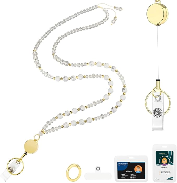 AIDSOTOU Lanyards for ID Badges and Keys,Natural Stone Beaded Teacher Lanyard for Women,Retractable Lanyard with ID Holder Cute Lanyards for Teachers (White)