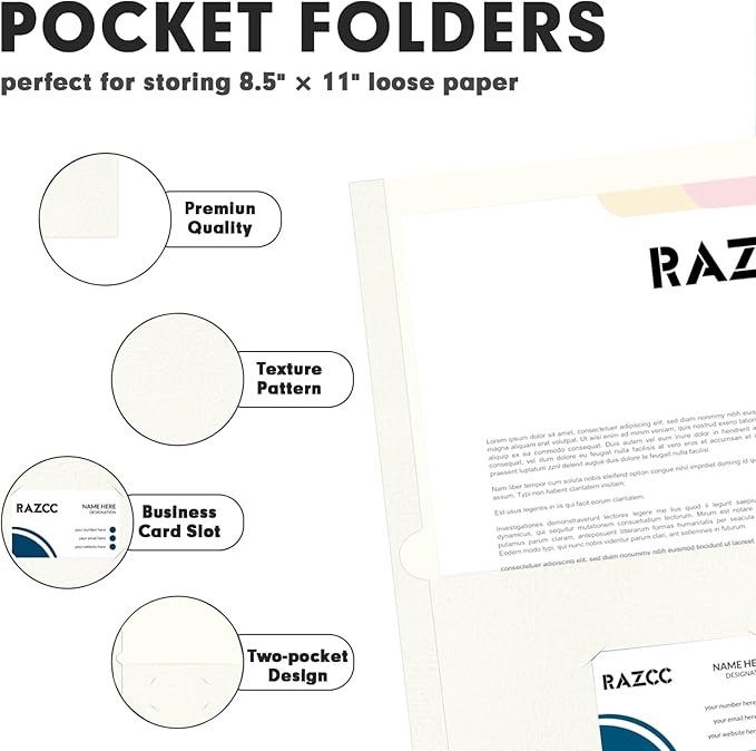 RAZCC Two Pocket Folders, 50 Pack 2 Pocket Folders Fit Letter Size Paper, Paper Folders with Pockets for School Office Business Home (White)