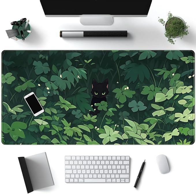 Black Cat Anime Desk Gaming Mat, XL Green & Large, 31.5x15.8in, for Women & Offices