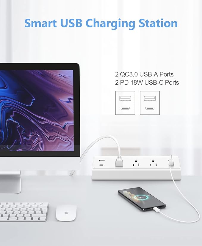Desk Clamp Power Strip,40W Fast Charging Station,Desktop Mount Surge Protector,2 PD 20W USB C Ports,3 Outlets for Home,Office,Fit 1.9" Tabletop Edge (White, 3 Outlets & 4 USB Ports & 25 FT Cable)