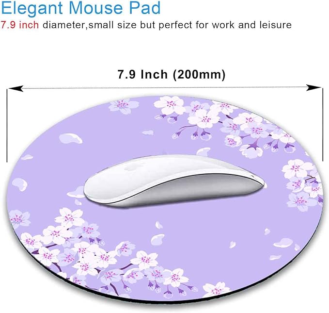 IMAYONDIA Cute Purple Mouse Pad Small, Floral Flower Round Mouse Pads, Sakura Cherry Blossom Mousepad, Aesthetic Desk Decor, Anti Slip Rubber Base Mice pad for Computer Office Girl, 7.9 x 7.9 Inch