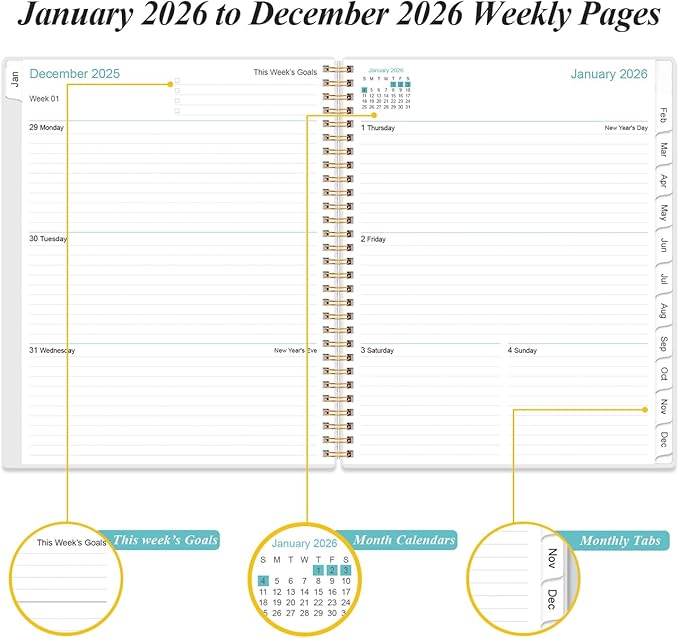 2026 Planner - Planner 2026 from January 2026 to December 2026 with 12 Monthly Tabs, Flexible Cover, Inner Pocket, 8.5" x 11", Beige
