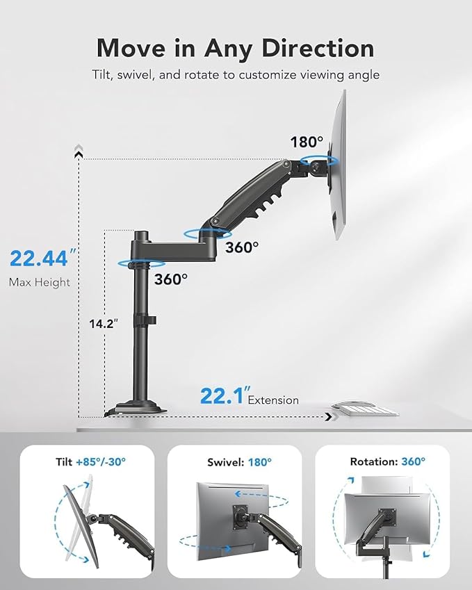 HUANUO Single Monitor Arm, Adjustable Desk Mount for 13-34 inch Screens, Holds 19.8lb, 22.44 inch Max Height, Full Motion Swivel Gaming Monitor Stand with VESA 75x75mm and 100x100mm Compatibility