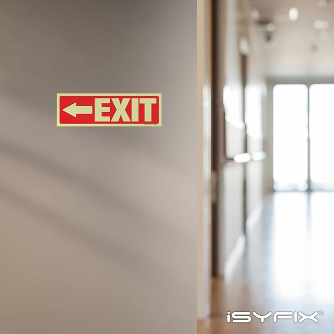 iSYFIX Exit Stickers Signs with Directional Left Arrow 12 Pack 12x4 Inch - Glow in the Dark Photoluminescent Vinyl for Office, School, Business, Warehouse - UV & Weather Resistant for Indoor/Outdoor Use