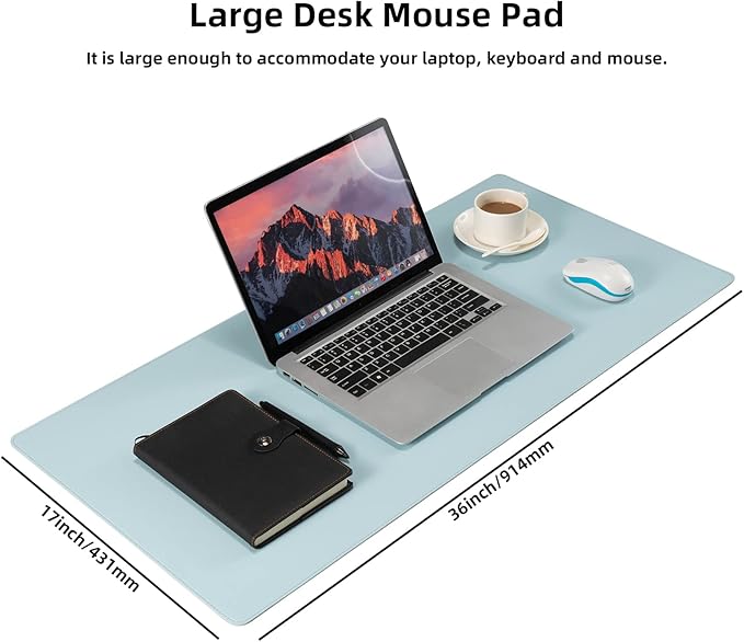 Wolaile Faux Leather Desk Pad Blotter,Waterproof Non-Slip Writing Desk Mat for Kids,36x17 in Desktop Protector Large Mouse Pad,Light Blue Office Home Table Cover