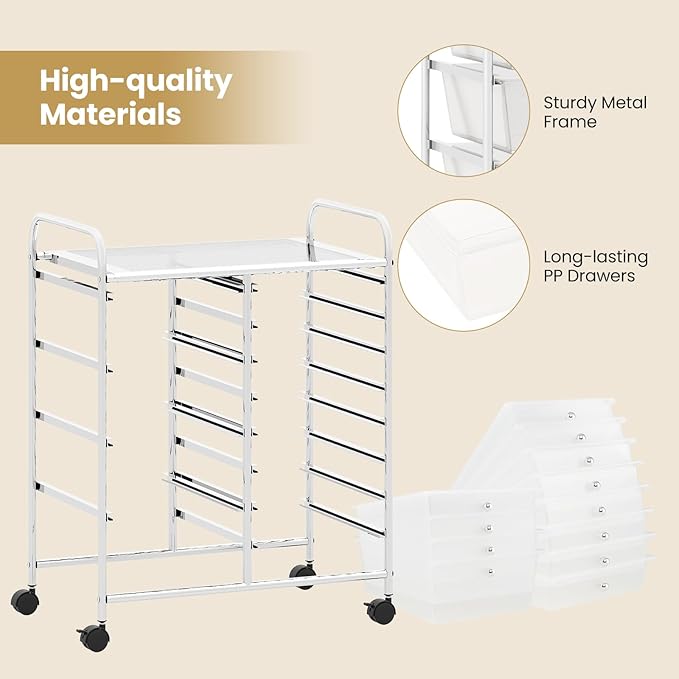 Giantex 12 Drawer Rolling Cart with Drawers, Storage Organizer Cart for Classroom Office School Teacher, Mobile Drawer Cart for Tools, Crafts, Small Printer, Clear