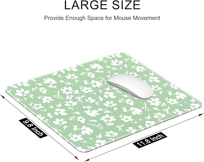Auhoahsil Mouse Pad, 12 x 10 in Simple Flower Theme Computer Mouse Pad for Desk, Premium-Textured Non-Slip Rubber Stitched Edges Waterproof Square Mouse Mat for Gaming Work Wireless Mice, Green