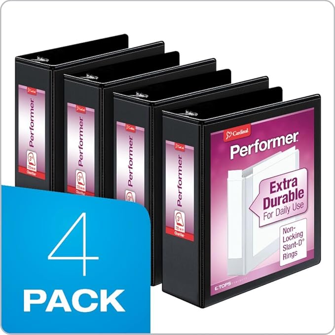 Cardinal Performer 3-Ring Binders, 3", Non-Locking Slant-D Rings, 725-Sheet Capacity, ClearVue Presentation, Non-Stick, PVC-Free, Black, 4-Pack (27601)