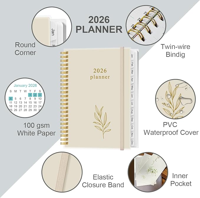 2026 Planner - Planner 2026 from January 2026 to December 2026, Weekly & Monthly Planners Spiral Bound with 12 Monthly Tabs, Inner Pocket, 6.4" x 8.5", Beige