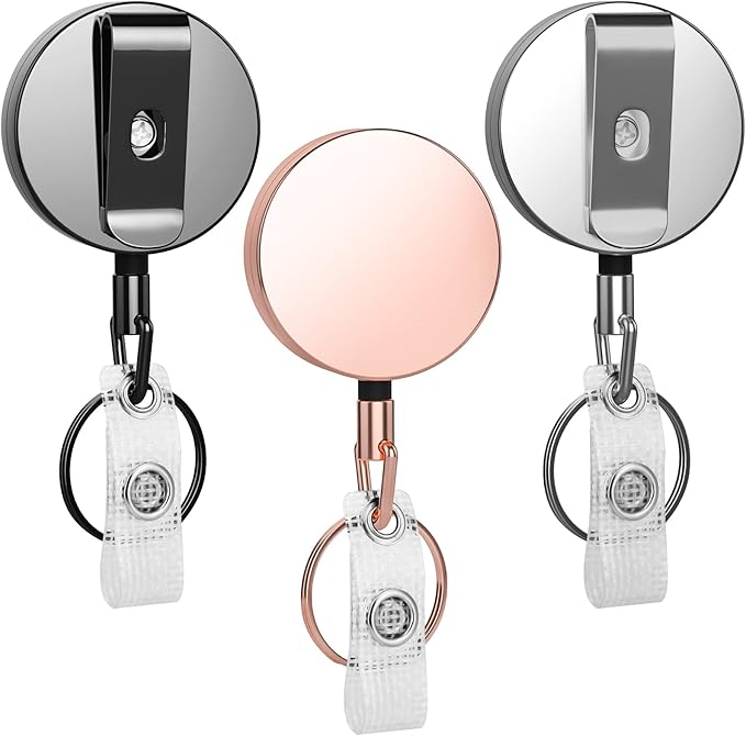 Selizo Metal Badge Reels - 3 Pcs Retractable Badge Holder with Belt Clip Key Ring for ID, Key, Name Card Holder
