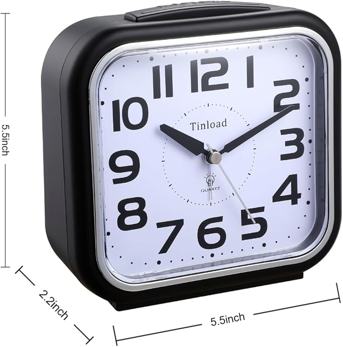 Tinload 5.5" Large Analog Alarm Clock Silent Non Ticking, Gentle Wake, Beep Sounds, Increasing Volume, Battery Operated Snooze and Manual Light, Easy Set, Black (Best for Elder)