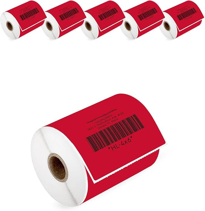 HOUSELABELS 4" x 6" Red Shipping Labels on 1" Core Compatible with Zebra and Rollo Printers, 6 Rolls / 250 Labels per Roll