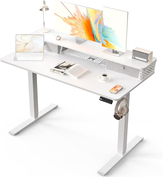 Kingant 48 x 24 Inch Electric Standing Desk with Dual Drawers, Height Adjustable Sit to Stand Computer Desk with Storage Shelf and C-Clamp Mount Compatibility for Home Office, White