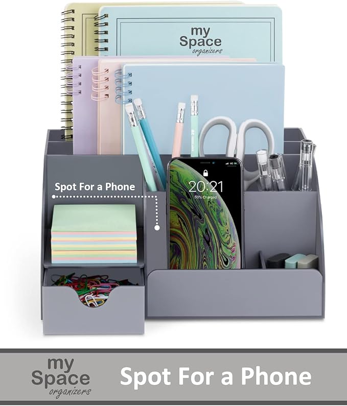 My Space Organizers Grey Desk Organizer, 9 Compartments, Office Supplies and Desk Accessories Organizer, Office Decor Desktop Organizer (Gray)