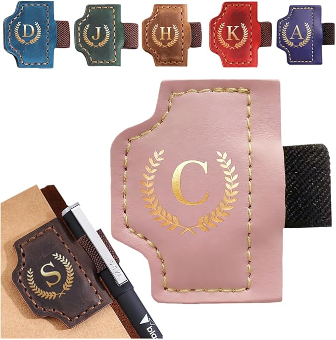 Personalized Mark Bookmark with Pen Holder, Leather Magnetic Book Marker 26 Letters,Custom Initials Page Marks, Gifts for Book Lovers Readers Men Women (Pink, C)