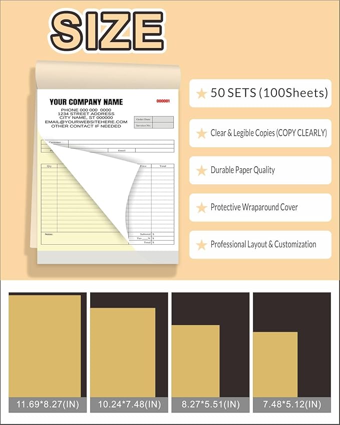 Custom Carbonless Invoice Book with Logo, Personalized Cover & Inner Pages, 2 Part NCR Receipt & Work Order Forms, Easy Tear, Writing Shield for Small Business (Upload Your Design, 10.24 * 7.48INCH)