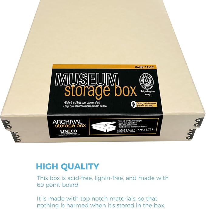 Lineco Museum Archival Storage Box, 11.75x17.75x3.75 in. Drop Front Design. Acid-Free with Metal Edge. Organize Photos, Pictures, Prints, Documents, Crafts, DIY. Tan, 1 Pack
