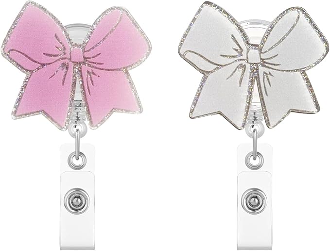 2Pcs Pink Bow Badge Reel Retractable Cute Badge Reels with Alligator Clip ID Badge Holder for Nurse,Medical Worker,Nursing Student,Teacher