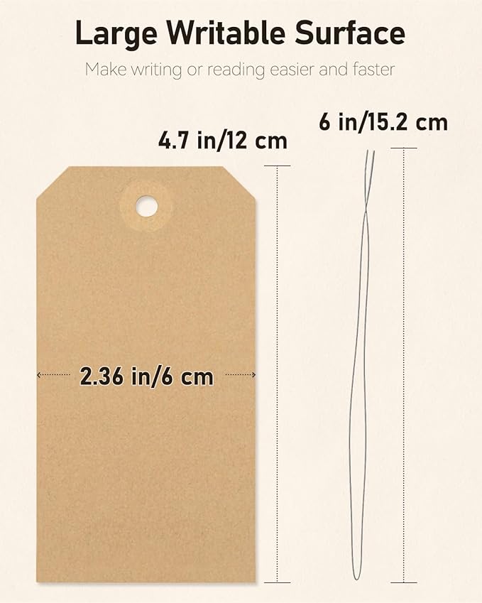 Uniclife 100 Pcs Blank Shipping Tags with Wire Attached 4.7 Inch Writable Brown Kraft Paper Hang Tags with Reinforced Eyelet Large Marking Price Tag Inventory Label Tag, 4.7" L x 2 3/8" W