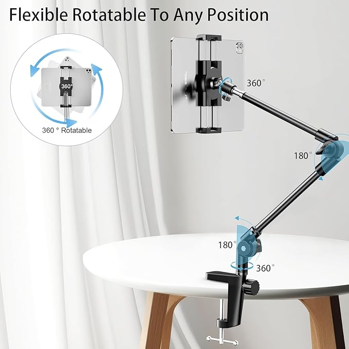 KDD Tablet Stand Holder, Adjustment iPad Phone Mount, 27in Long Arm Webcam Stand Projector Camera Mount for Desk, Fit for 4.7"-12.9" Devices, iPad Pro 12.9 Air Mini, Galaxy Tabs, Switch, iPhone