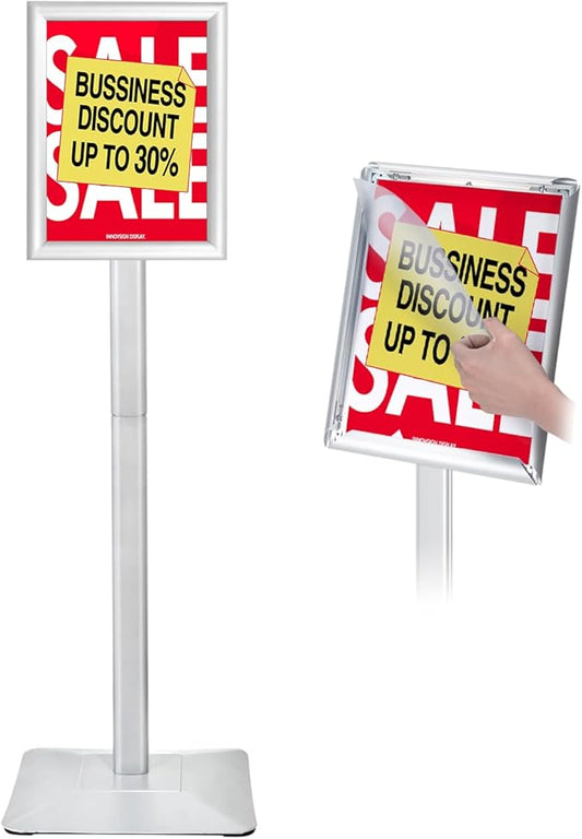INNOVSIGN Heavy Duty Adjustable Pedestal Poster Sign Stand, 8.5x11 Aluminum Open Floor Standing Sign Holder for Vertical and Horizontal View Display (8.5x11,Silver)