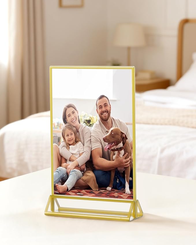 Dynta Acrylic Sign Holder 4x6 8 Pack Double Sided Clear Plastic Display Stands, Tabletop Menu Holder, Flyer Display for Wedding, Party, Restaurant, Office, Retail (Gold Frame)