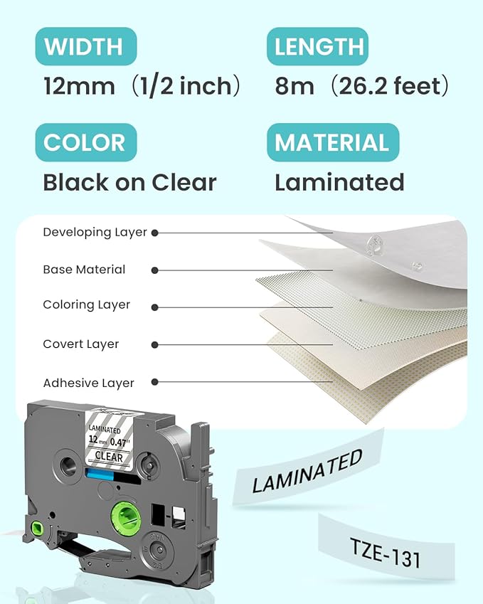 6-Pack Label Maker Tape 12mm 0.47" Clear TZe-131 Replacement for Brother P Touch Label Tape TZe131 TZ-131, Compatible with Brother Ptouch PT-D210 PT-H110 PT-D220 PT-D400, Black on Clear