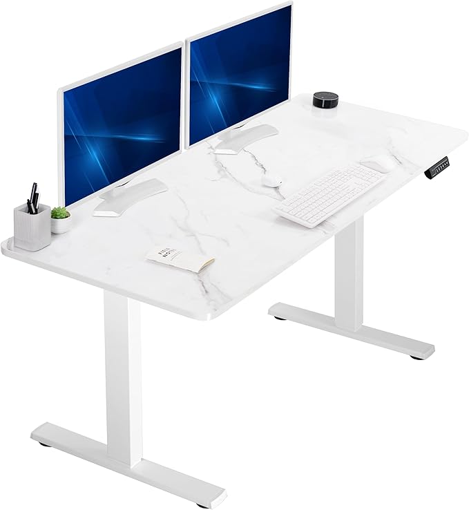 VIVO Electric Dry Erase 60 x 24 in Standing Desk, Memory Height Adjustment, 1B Series, Holds 220 lbs, White Marble Pattern Top, White Frame, DESK-KIT-1W6WM