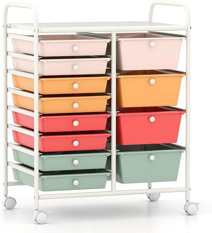 LDAILY 12 Drawer Rolling Storage Cart, Rolling Cart with Drawers for Classroom, Art Supply Craft Organizer on Wheel with Metal Frame & Handles for Home Office School (Macaron, 12 Drawer Left-Right)