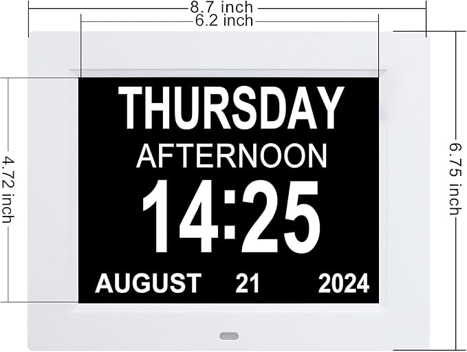 TMC 8 Inch Dementia Clock for Seniors - Medication Reminders, 12 Custom Alarms, Auto-Dimming Large Display Digital Calendar with Multi-Language Support USB Photo & Video Playback, Wall or Desk Mount