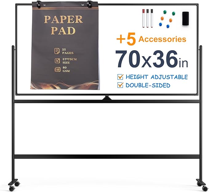 Large Dry-Erase Rolling Magnetic Whiteboard - 70 x 36 Inches White Board Height Adjust Double Sides Mobile Portable Easel on Wheels, Dry Erase Board with Stand for Office, Home & Classroom