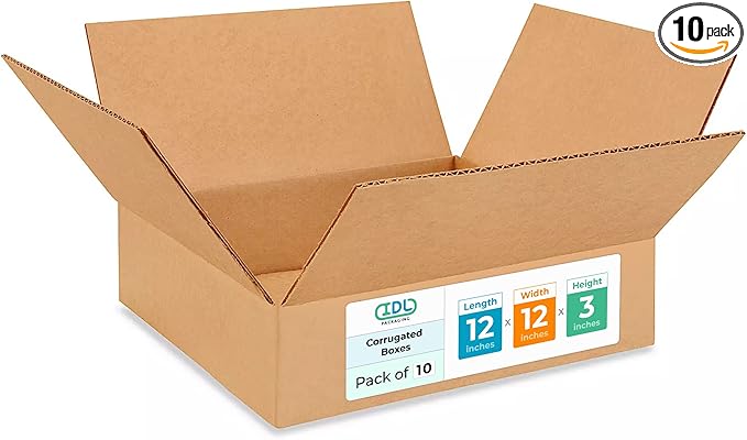 IDL Packaging - B-12123-10 12"L x 12"W x 3"H Medium Cardboard Box (Pack of 10) for Moving, Shipping or Storage, Made in USA, 100% Recyclable, Brown. Packaging Boxes for USPS, UPS, FedEx Shipping
