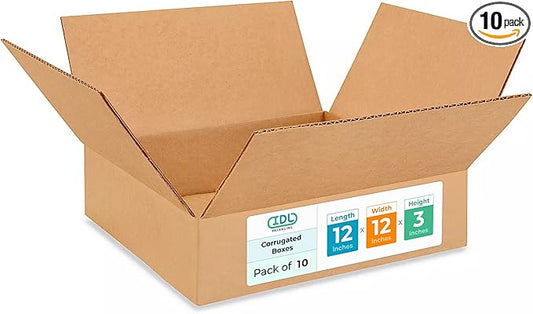 IDL Packaging - B-12123-10 12"L x 12"W x 3"H Medium Cardboard Box (Pack of 10) for Moving, Shipping or Storage, Made in USA, 100% Recyclable, Brown. Packaging Boxes for USPS, UPS, FedEx Shipping