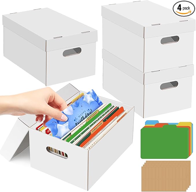 4Pack Greeting Card Storage Box, Greeting Card Organizer Box with 20 Dividers Holds 600 Cards+, Large Capacity Greeting Card Holder with 4 Sticker Labels White Card Box for Postcards, Photos, Envelope