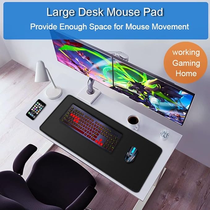 Large Extended Long Mousepad, 47.2x23.6 inch Large Gaming Non-Slip Mouse pad, Water Resist Computer Keyboard Mat Rubber Base Long Desk Pad for Work & Gaming, Office & Home, Black