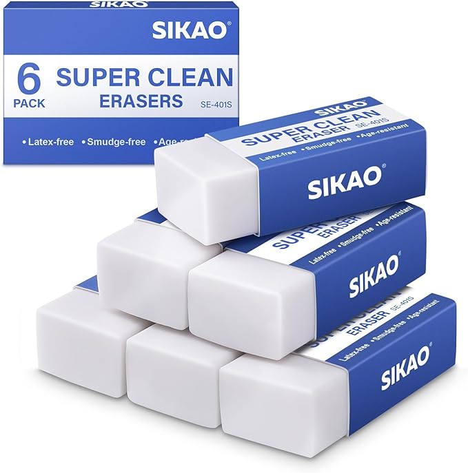 White Erasers, 6 Pack Block Pencil Erasers – Smudge-Free Latex-Free, Erasers for Kids School Supplies, Clean Erase for Homework, Office & Drawing (Art Use)