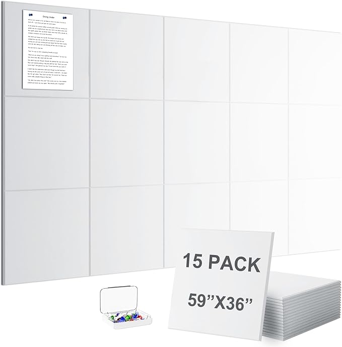G Gamit Large Felt Wall Tiles Bulletin Board 59”x36”,Large Cork Board Alternative with 60 Pushpins,15 Pack Felt Pin Board with 112 Safe Removable Adhesive Tabs for Home Office School (White)