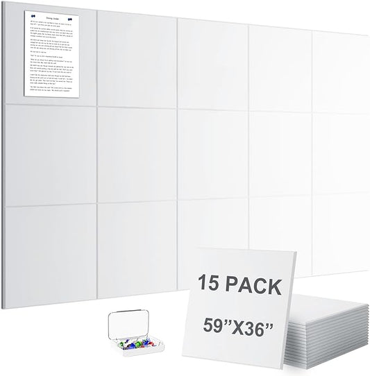 G Gamit Large Felt Wall Tiles Bulletin Board 59”x36”,Large Cork Board Alternative with 60 Pushpins,15 Pack Felt Pin Board with 112 Safe Removable Adhesive Tabs for Home Office School (White)