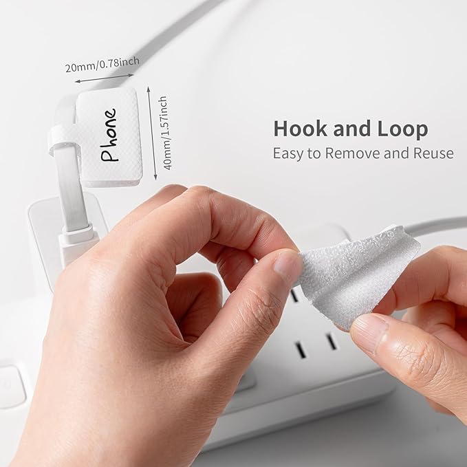 Reusable Cable Cord Wire Labels, Easy to Write on, Hook&Loop Closure, for Organizing and Identification, Cable Tags, Multiple Uses - 20 PCS(White)