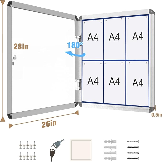 Mifuro 28"x26" Enclosed Bulletin Board, Lockable Weather-Resistant Aluminum Cork Noticeboard for School & Office, Silver Frame w/Blue Flet