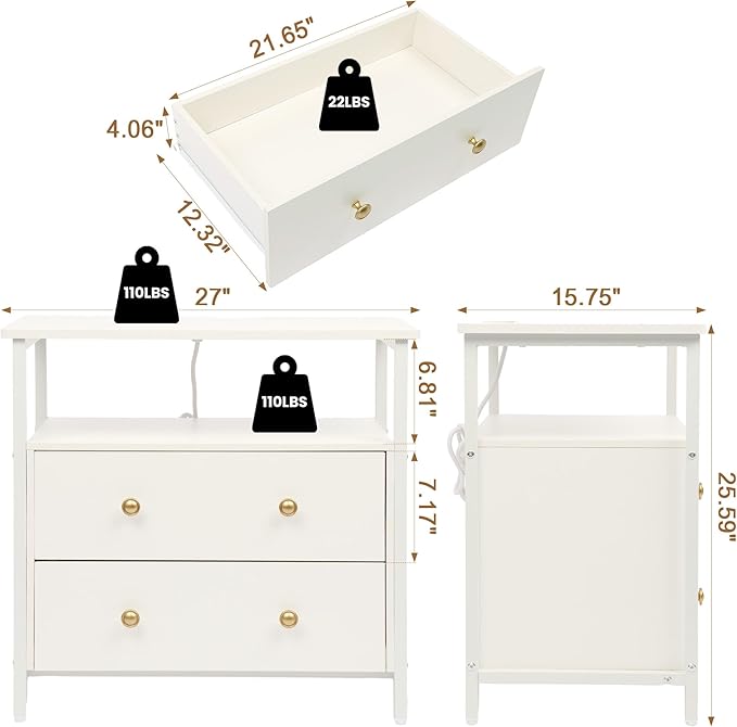 Edbuosy 27 inch Wide Night Stand Set 2 with Charging Station, Bedside Table with Open Shelf, 2 Drawers Small Wood Dresser, Modern Wood Nightstand for Bedroom/Living Room (White)
