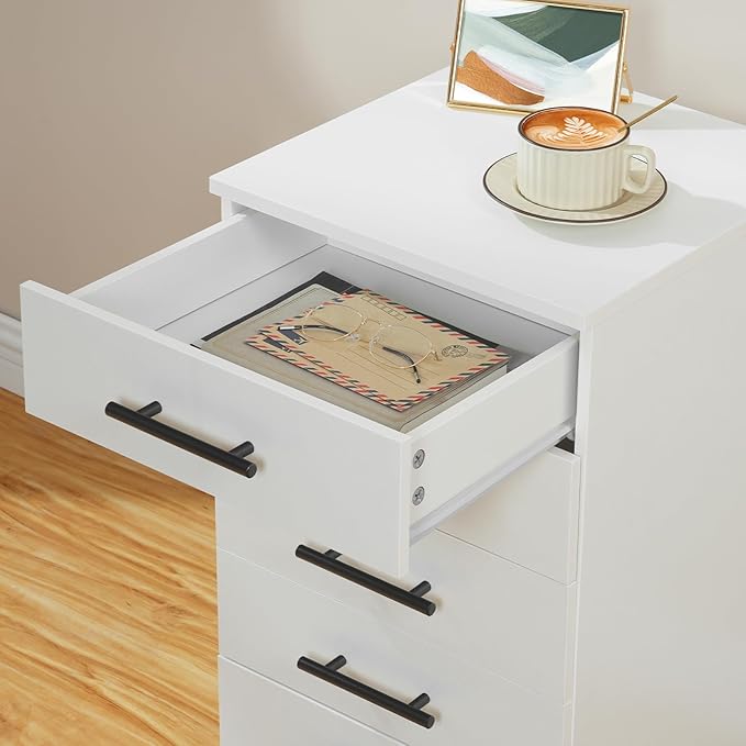 HOOBRO 5-Drawer File Cabinet, Office Filing Cabinet with Drawers, Wooden Mobile Storage Cabinet with Wheels, for Makeup, Home Office, Easy Assembly, White WT05WJ01G1