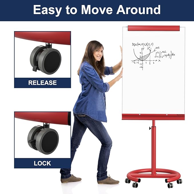 TSJ OFFICE Rolling Whiteboard Standing - 40 x 26 Inches Magnetic Mobile White Board with Stand, Height Adjustable Dry Erase Board on Wheels with Paper Clamp on Top, Red