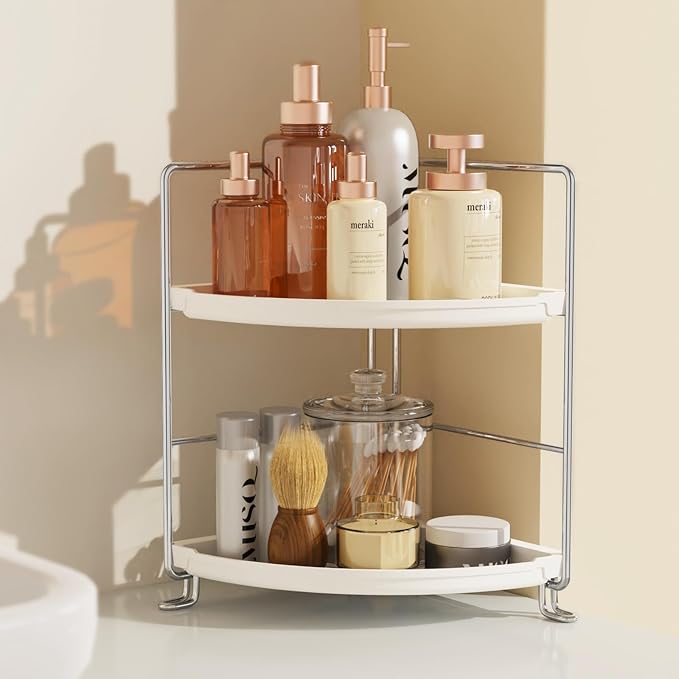JANUS LiANG 2-Tier Corner Bathroom Countertop Organizer, Tiny Counter Corner Shelf Skincare Makeup Perfume Organizer and Organization for Kitchen (White)