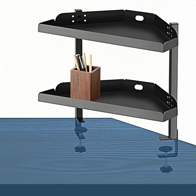 Yuxh Clamp On Desk Corner Shelf 2 Tier Cilp Under Table Corner Organizer, Black-M, 16 inch